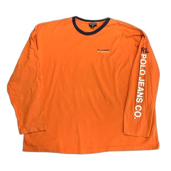 Vintage 90s Polo Jeans Co. Orange RL Logo Heavyweight Crewneck LS T-Shirt Sz XXL - Picture 1 of 11